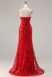 Sparkly Red Mermaid Strapless Long Sequin Prom Dress with Slit