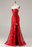 Sparkly Red Mermaid Strapless Long Sequin Prom Dress with Slit