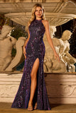 Floral Grape Mermaid Sparkly Beaded Long Prom Dress with Slit