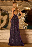 Floral Grape Mermaid Sparkly Beaded Long Prom Dress with Slit