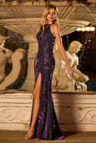 Floral Grape Mermaid Sparkly Beaded Long Prom Dress with Slit