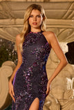 Floral Grape Mermaid Sparkly Beaded Long Prom Dress with Slit