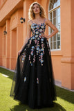 Sparkly Black Floral Tulle A Line Long Prom Dress with Beading