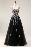 Floral Black Spaghetti Straps A Line Long Tulle Prom Dress with Embroidery