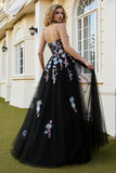 Sparkly Black Floral Tulle A Line Long Prom Dress with Beading