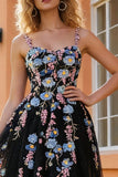 Sparkly Black Floral Tulle A Line Long Prom Dress with Beading
