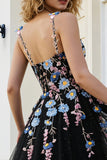 Sparkly Black Floral Tulle A Line Long Prom Dress with Beading