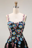 Floral Black Spaghetti Straps A Line Long Tulle Prom Dress with Embroidery