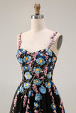 Floral Black Spaghetti Straps A Line Long Tulle Prom Dress with Embroidery