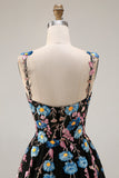 Floral Black Spaghetti Straps A Line Long Tulle Prom Dress with Embroidery