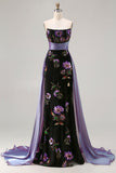 Floral Black Corset Sheath Strapless Long Prom Dress with Cape