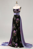 Floral Black Corset Sheath Strapless Long Prom Dress with Cape
