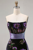 Floral Black Corset Sheath Strapless Long Prom Dress with Cape