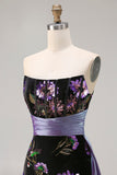 Floral Black Corset Sheath Strapless Long Prom Dress with Cape