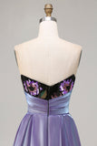 Floral Black Corset Sheath Strapless Long Prom Dress with Cape