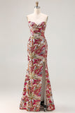 Sparkly Floral Fuchsia Sweetheart Sheath Long Prom Dress with Slit