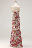 Sparkly Floral Fuchsia Sweetheart Sheath Long Prom Dress with Slit