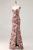 Sparkly Floral Fuchsia Sweetheart Sheath Long Prom Dress with Slit
