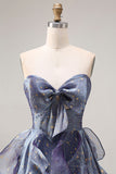 Glitter Dusty Blue Ruffled A Line Long Prom Dress with Bow