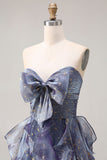 Glitter Dusty Blue Ruffled A Line Long Prom Dress with Bow