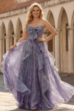 Glitter Dusty Blue Ruffled A Line Long Prom Dress with Bow