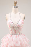 Candy Pink A Line Tiered Long Corset Prom Dress with Beading