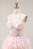 Candy Pink A Line Tiered Long Corset Prom Dress with Beading