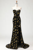 Sparkly Black and Golden Floral Mermaid Corset Long Prom Dress with Slit