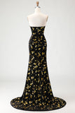 Sparkly Black and Golden Floral Mermaid Corset Long Prom Dress with Slit