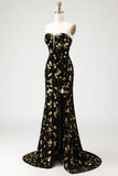 Sparkly Black and Golden Floral Mermaid Corset Long Prom Dress with Slit