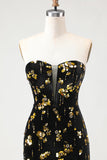 Sparkly Black and Golden Floral Mermaid Corset Long Prom Dress with Slit