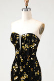 Sparkly Black and Golden Floral Mermaid Corset Long Prom Dress with Slit