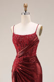 Sparkly Dark Red Floral Metallic Spaghetti Straps Mermaid Long Corset Prom Dress with Beading