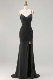 Black Polka Dots Criss Cross Back Mermaid Long Prom Dress with Slit