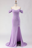 Purple Mermaid Off the Shoulder Ruched Long Prom Dress with Slit