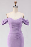 Purple Mermaid Off the Shoulder Ruched Long Prom Dress with Slit