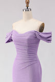 Purple Mermaid Off the Shoulder Ruched Long Prom Dress with Slit