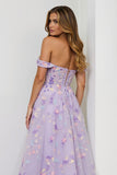 Lilac Floral Corset Appliqued Long Prom Dress with Slit