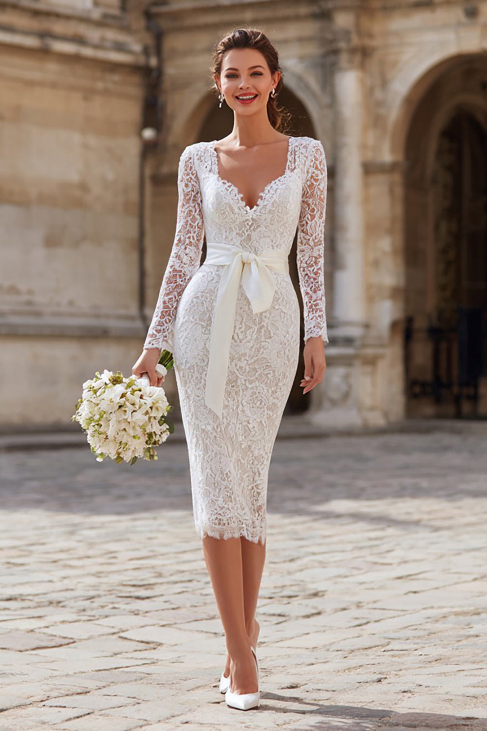 Leely Women Ivory Lace Midi Wedding Dress with Sleeves Bodycon Engagement Dress with Sash – leelyuk