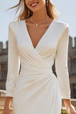 Ivory Bodycon V-Neck Ruched Midi Engagement Dress with Slit