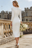 Ivory Bodycon V-Neck Ruched Midi Engagement Dress with Slit