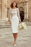 Ivory Bodycon Bateau Neck Midi Wedding Dress with Sleeves