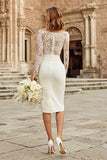 Ivory Bodycon Bateau Neck Midi Wedding Dress with Sleeves