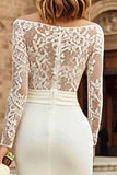 Ivory Bodycon Bateau Neck Midi Wedding Dress with Sleeves