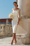 Ivory Appliqued Bodycon Midi Wedding Dress with Sleeves