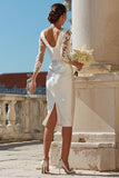 Ivory Appliqued Bodycon Midi Wedding Dress with Sleeves