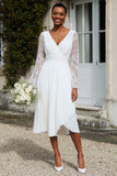 Ivory V-Neck Pleated Midi Engagement Dress with Lace