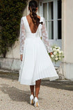 Ivory V-Neck Pleated Midi Engagement Dress with Lace