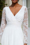 Ivory V-Neck Pleated Midi Engagement Dress with Lace