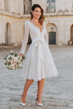 Ivory A Line Lace Midi Boho Wedding Dress with Sleeves